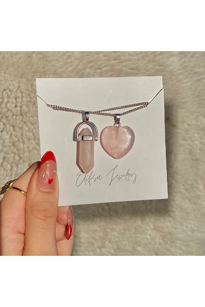 Elifsu Jewelry Valentine's Day Set of 2 Double Natural Stone Necklace /