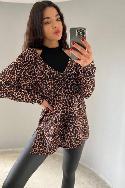 ESSFASIHON Bluză dublă cu imprimeu leopard cu detaliu crop