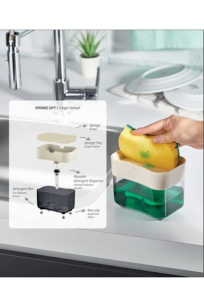 LUCKYHOMES Sponge Container Dishwashing Liquid and Liquid Soap Dispenser, Special Pump, Sponge Dish Sponge