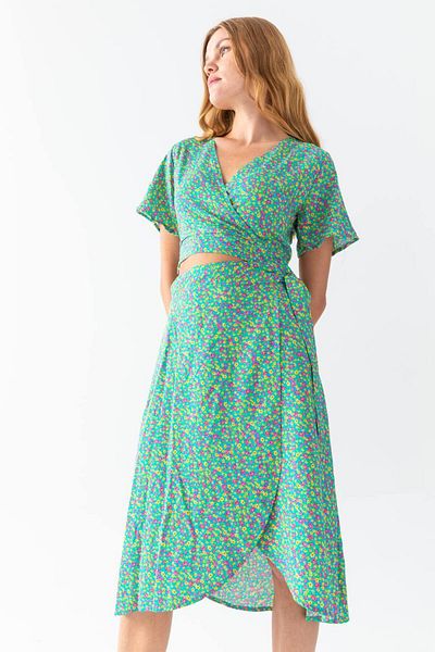 ModaWiser Women's Floral Patterned Viscose Fabric Short Sleeve Blouse And Skirt Double Set Green
