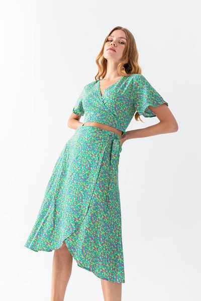 ModaWiser Women's Floral Patterned Viscose Fabric Short Sleeve Blouse And Skirt Double Set Green