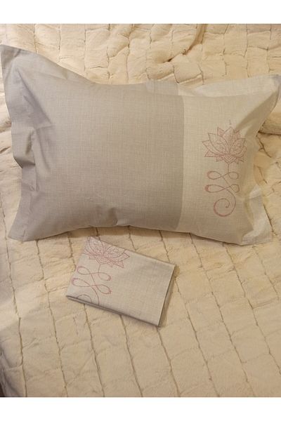 ŞENER HOME 100% Cotton Poplin Flounced 2-Piece Pillow Case 50X70 cm - Line Pink Floral Gray