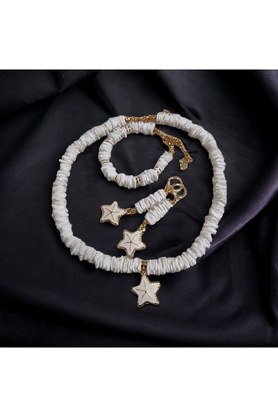 Denis Bujiteri Women's White Seashell 40cm Extension Necklace, 15cm Extension Bracelet and Earrings