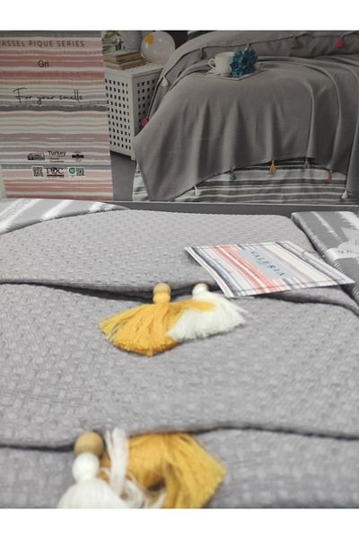 denizli hatırası TASSEL PİQUE DOUBLE PERSONAL TASSELED BOXED PİQUE SET GRAY