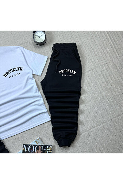 khufu Oversize White Relaxed Fit Brooklyn Printed T-shirt Black Shorts and Sweatpants 3-Piece Set Unisex