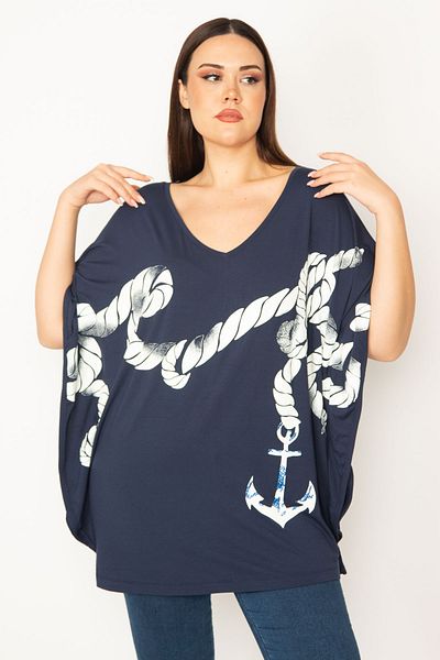 Şans Women's Large Size Navy Blue Front Printed Low Sleeve Tunic 65N36736