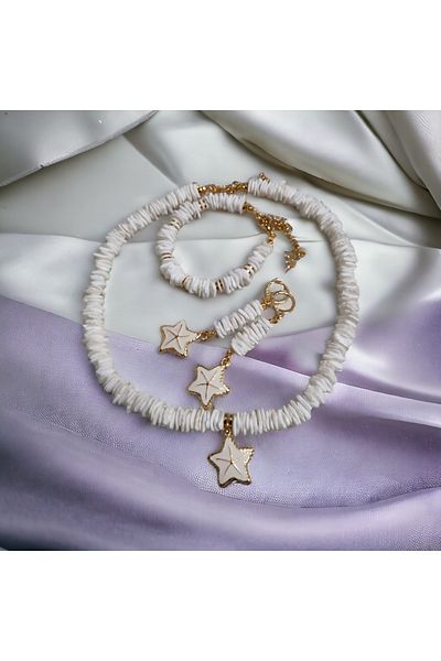 Denis Bujiteri Women's White Seashell 40cm Extension Necklace, 15cm Extension Bracelet and Earrings