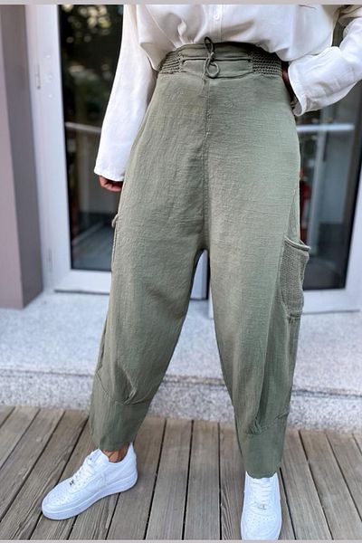 AYASOFYA OTANTIK Women's Khaki Elastic Waist Side Mesh Pocket Linen Shalwar Trousers