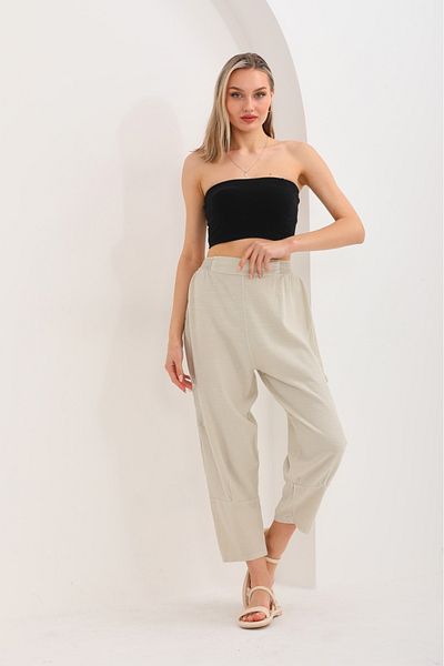 AYASOFYA OTANTIK Women's Beige Elastic Waist Side Mesh Pocket Linen Shalwar Trousers