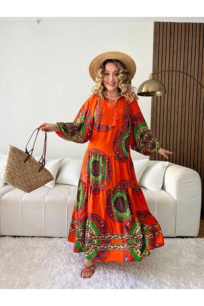 AYASOFYA OTANTIK Women's Orange Ethnic Pattern Balloon Sleeve Long Dress