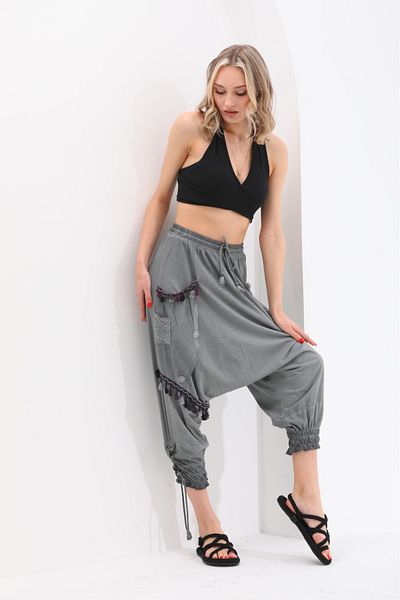 AYASOFYA OTANTIK Women's Gray Ethnic Authentic Sequined Baggy Trousers