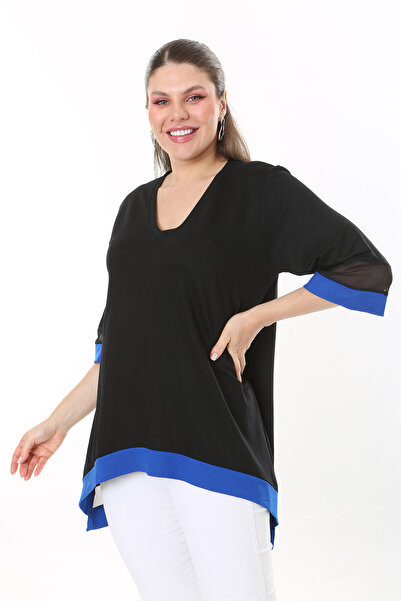 Şans Women's Large Size Saxe Sleeve and Skirt Tip Tulle and Garni Detailed V-Neck Long Back Tunic 65N37681