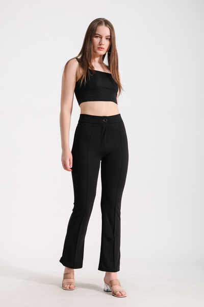 SHINYFINE Μαύρο υφασμάτινο κρεπ ριγέ παντελόνι με φαρδύ πόδι