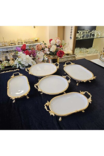MaviDamla 5 PARCA DÖKÜM AYAKLI PORSELEN SUNUM SETİ DÖKÜM KENAR MOTİFLİ GOLD
