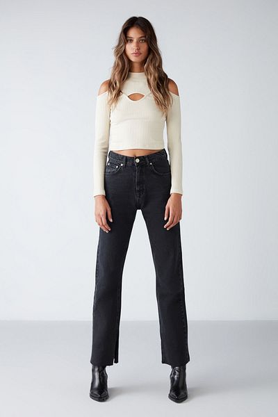 GRIMELANGE Vittoria Women's Knitwear Look Fabric Ecru Blouse with Off-the-Shoulder Corded Fabric