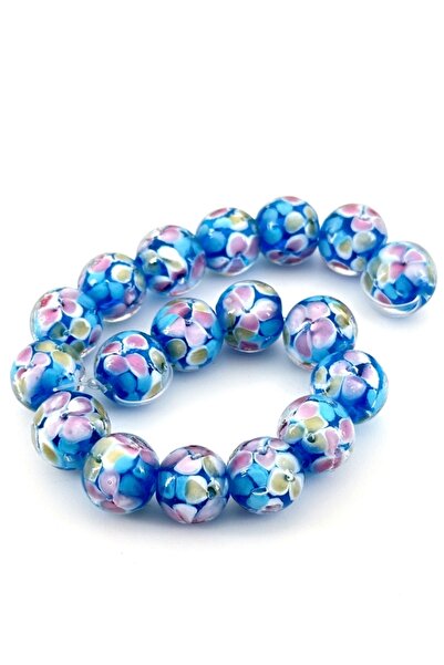 Selvi Konsept Murano İçten Çiçekli Dizi Cam Boncuk 12 mm Gök Mavi 1 Dizi 18 Adet
