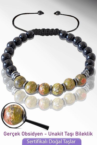 Tesbih Atölyesi Certified Real Natural Obsidian - Unakit Stone Bracelet - Adjustable
