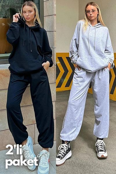 DAXİS Sportwear Company 2-Piece Tracksuit Set Sweatshirt Jogger - Black Gray Oversize Hooded