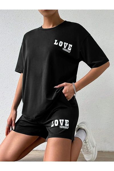 DAXİS Sportwear Company Set Love Yourself pentru damă - Combinație de pantaloni scurți de partea de sus, de partea de sus, Set de tricou cu imprimeu supradimensionat