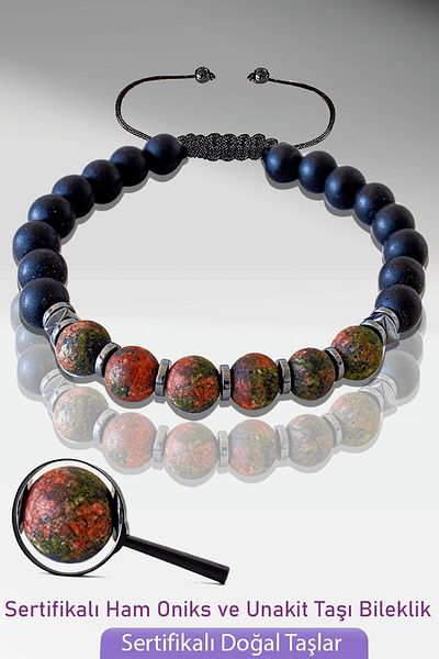 Tesbih Atölyesi Certified Natural Raw Onyx - Unakit Stone Bracelet - Adjustable