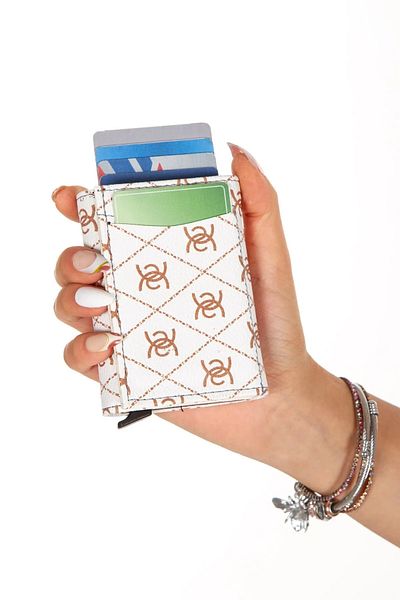 tuldar White Rfid Card Gift Card Holder Wallet with Automatic Shooting Protective Mechanism Paper Money Compartment