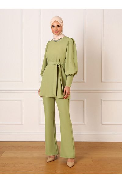 Refka Stone and Button Detailed Evening Dress Set - Dirty Green -