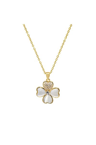 Tesbihane Gold Color White Zircon Stone Decorated Heart Detailed Clover Leaf Design Steel Women's Necklace