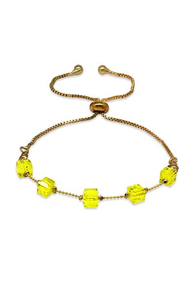 Tesbihane Metal Chain Cube Cut Yellow Crystal Stone Elevator Women's Bracelet