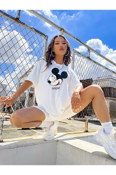 qavnas Tricou alb unisex oversize Oops!Mouse Boyfriend