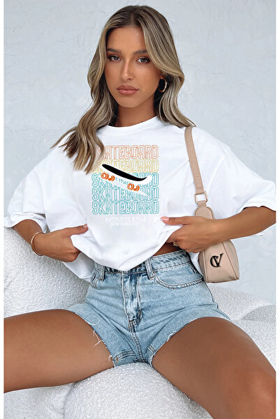 qavnas Tricou alb oversize Skate Board unisex - Boyfriend Cut