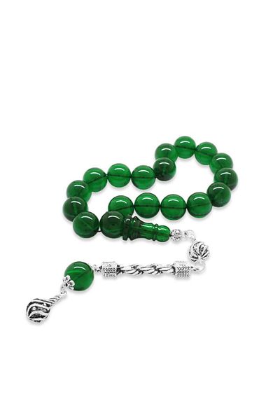 Tesbihane Tarnish-Free Metal Rope Tufted Globe Cut Emerald Green Fire Amber Efe Rosary
