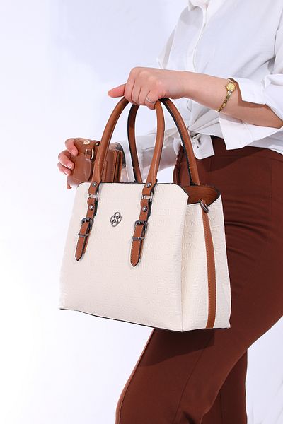 By Hakan JN-1320 EMBROIDERED WALLET COMBINED WOMEN'S HAND AND SHOULDER BAG CREAM