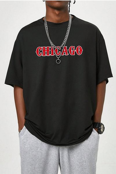 MODAGEN Ανδρικό μπλουζάκι Oversize με μαύρη λαιμόκοψη Chicago με στάμπα