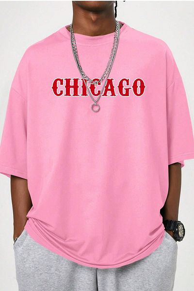 MODAGEN Ανδρικό μπλουζάκι Oversize με στάμπα Chicago με ροζ λαιμόκοψη
