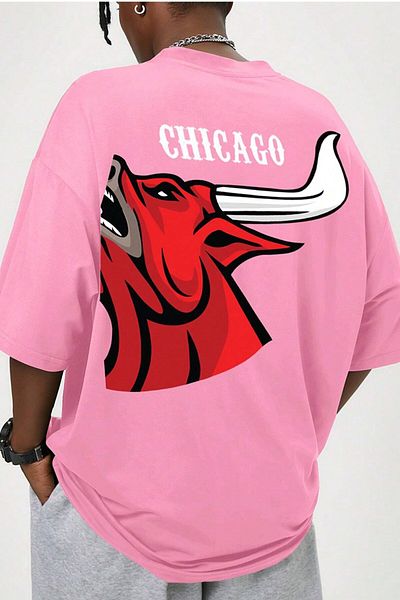 MODAGEN Ανδρικό μπλουζάκι Oversize με στάμπα Chicago με ροζ λαιμόκοψη