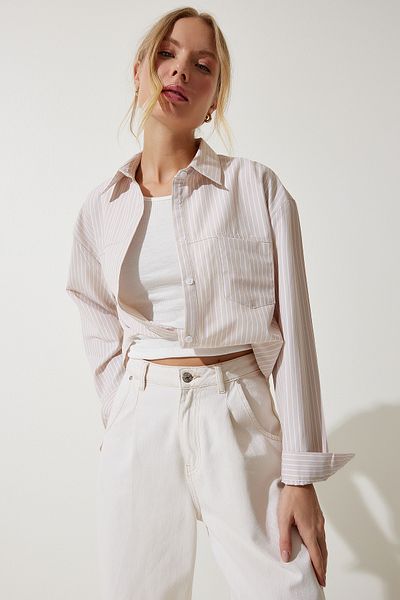 Happiness İstanbul Beige Bluse für Damen mit detailliertem Crop-Shirt RG00022