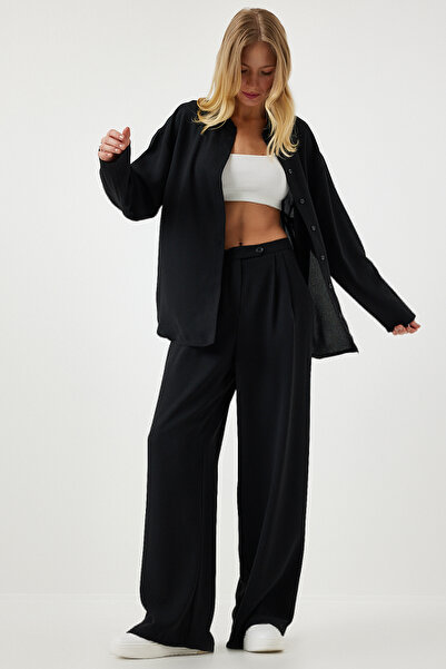 Happiness İstanbul Schwarzes saisonales gewebtes Hemd-Palazzo-Hose-Set für Damen RV00174