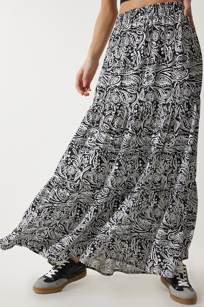 Happiness İstanbul Dámska biela čierna viskózová sukňa s kvetinovým vzorom DD01310