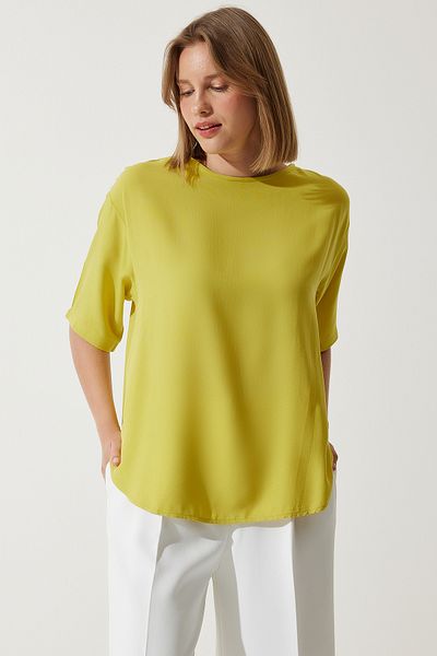 Happiness İstanbul Women's Oil Green Crew Neck Flowing Viscose Blouse RC00152