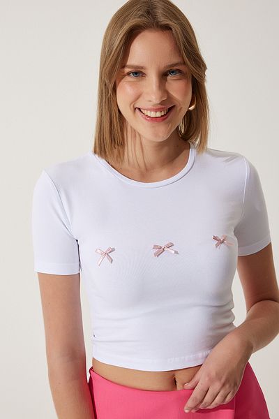 Happiness İstanbul Weißes Crop-T-Shirt mit Schleife für Damen MC00279