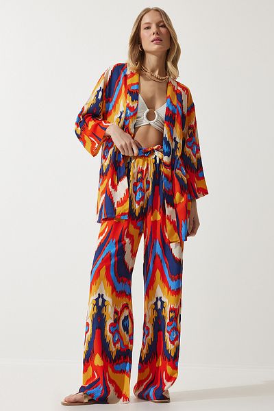 Happiness İstanbul Γυναικείο Σετ Παντελόνι Kimono Palazzo με πορτοκαλί σχέδιο EN00614