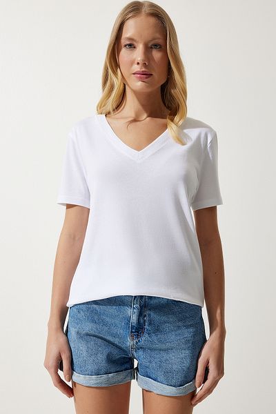 Happiness İstanbul Tricou alb tricotat modal cu decolteu în V pentru femei HW00009