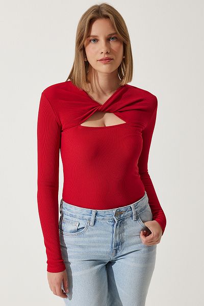 Happiness İstanbul Women's Red Cut Out Detailed Ribbed Knitted Blouse SF00005
