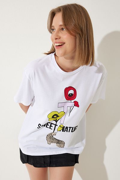 Happiness İstanbul Weißes bedrucktes Oversize-Strick-T-Shirt für Damen WO00039