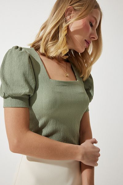 Happiness İstanbul Women's Green Square Neck Balloon Sleeve Knitted Blouse DD01051