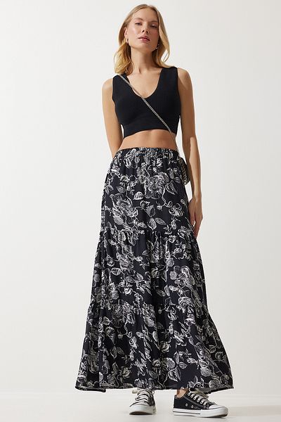 Happiness İstanbul Women's Black Floral Patterned Flounce Viscose Skirt DD01310