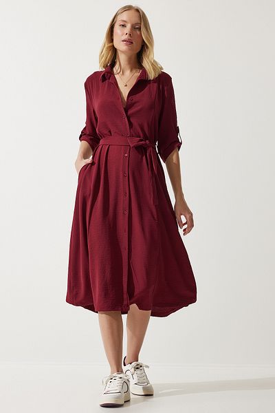 Happiness İstanbul Burgunderrotes Hemdblusenkleid mit Gürtel für Damen DD01256