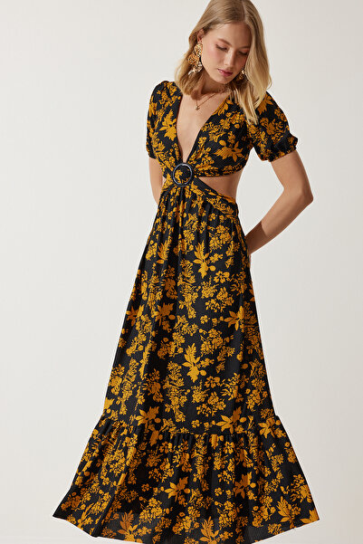 Happiness İstanbul Dámské černé pletené šaty s hořčičným vzorem okna s detailní přezkou MC00263