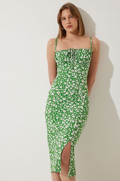 Happiness İstanbul Gestricktes Damen-Sommerkleid mit grünem Blumenschlitz – CI00029