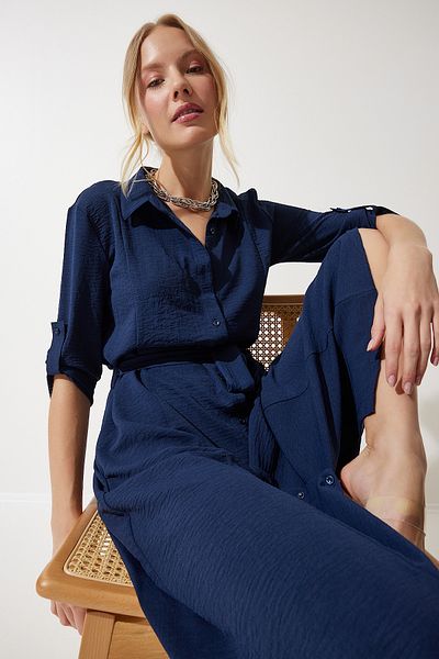 Happiness İstanbul Rochie cămașă cu curea albastru bleumarin pentru femei DD01256